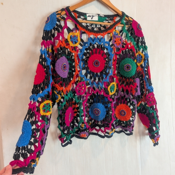 Vintage MY Sportswear Rainbow Colorful Crochet Beaded Open Knit Top Boho Hippie - Picture 9 of 10